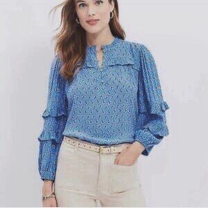 Loft Blue Paisley Ruffle Boho Blouse Size S
